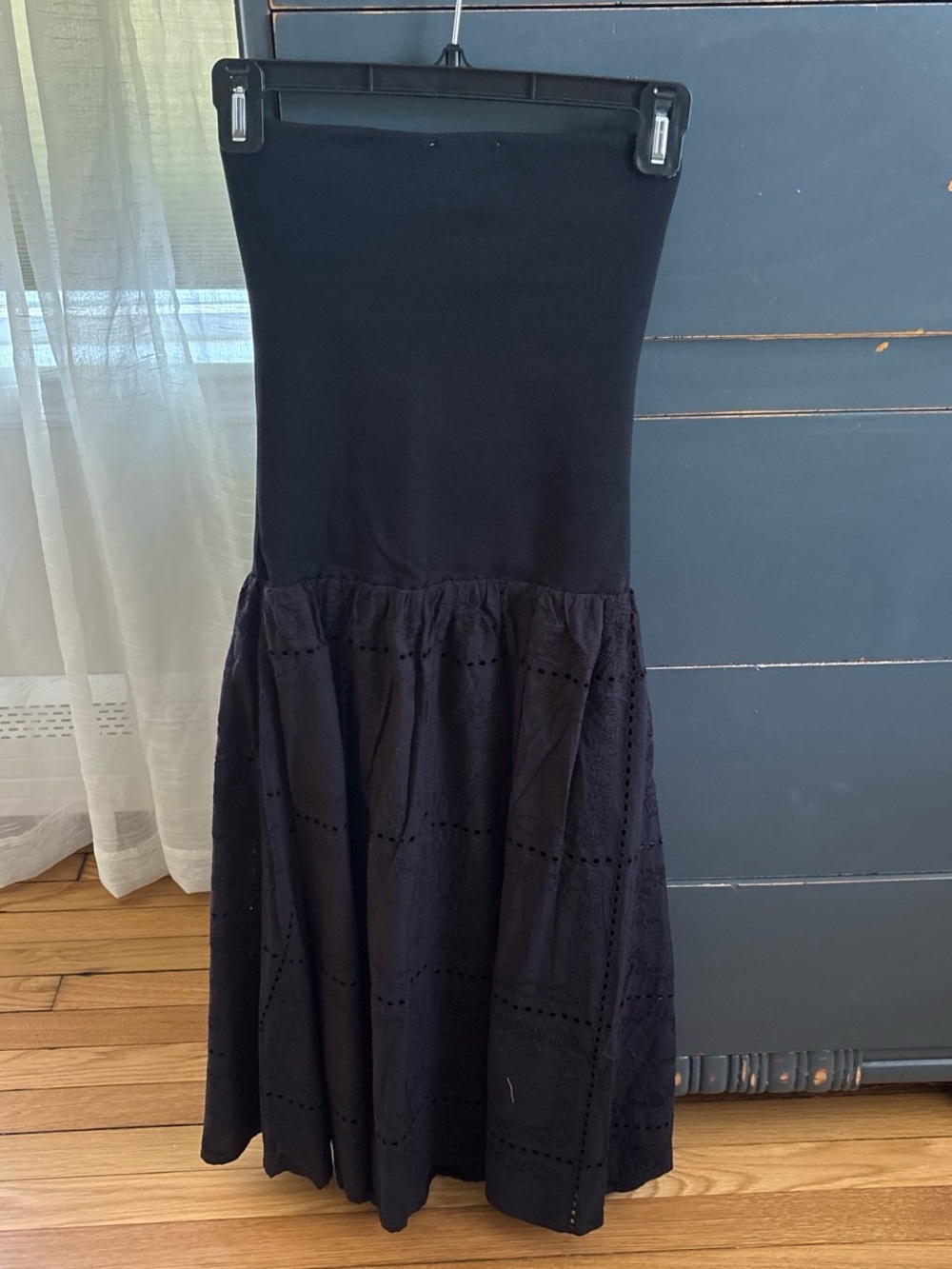 WeWoreWhat Black Ribbed Cotton Patchwork Eyelet Midi Dress